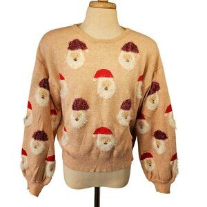 Christmas 3D Pink Embroider Santa Claus Sweater Women M/L Crew Neck Balloon Slv